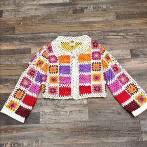 FARM Rio Crocheted Multicolor Granny Square Cardigan with White Trim